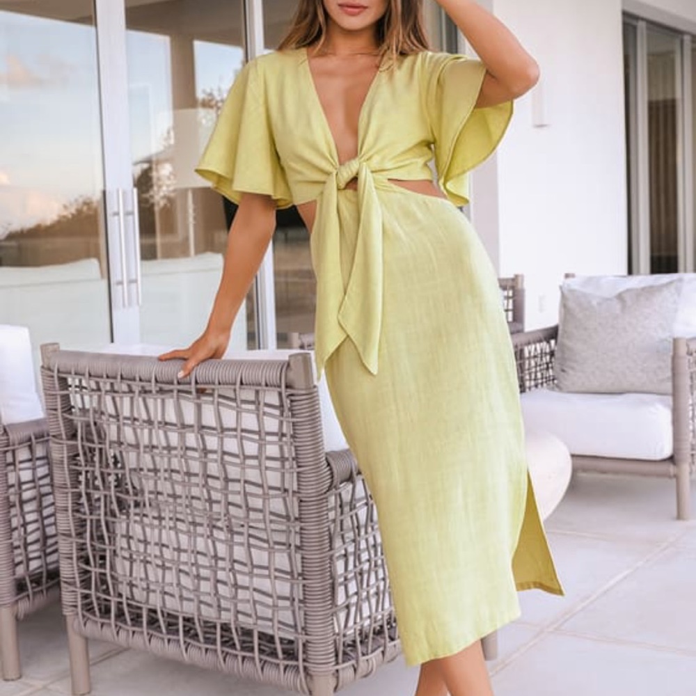 Summer Journey Light Green Tie-Front Cutout Midi Dress